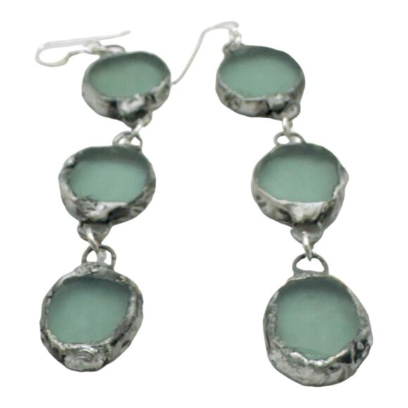 Triple Drop Sea Glass Artisan Earrings Caged in Silver- Blend Boho Metalwork - Picture 7 of 11